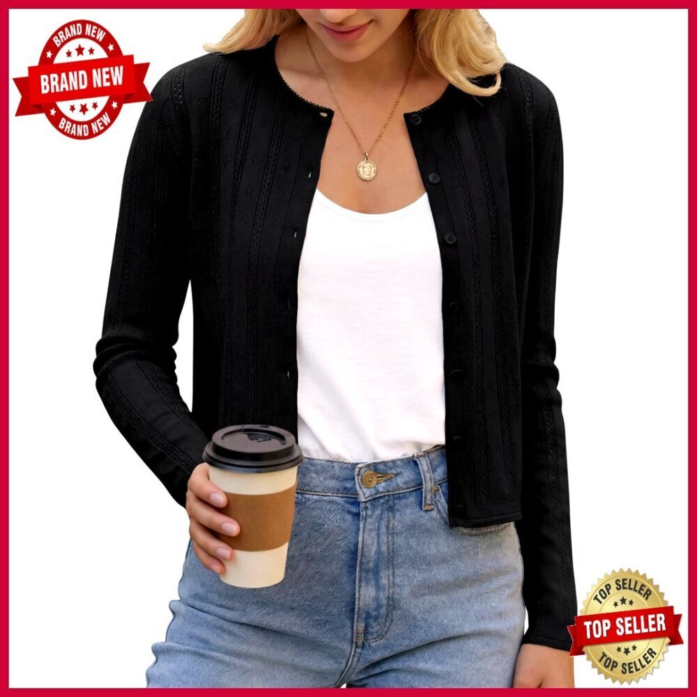Cropped Cotton Cardigan Sweater Button Down Slim Fit Lightweight